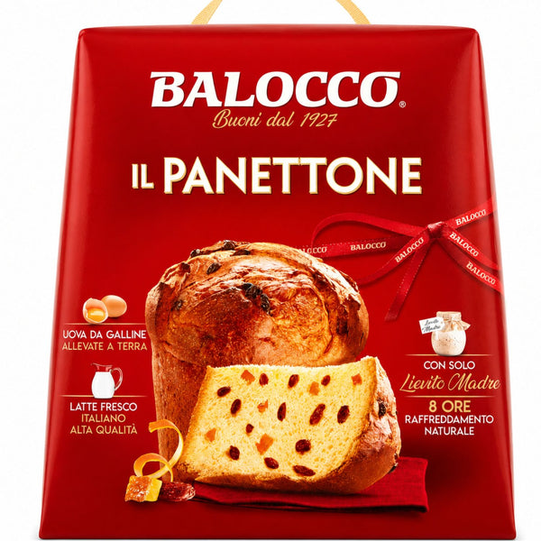 A red Balocco Il Panettone gift box with a photo of a sliced golden-brown panettone loaf and a red ribbon, shown on a plain white background.