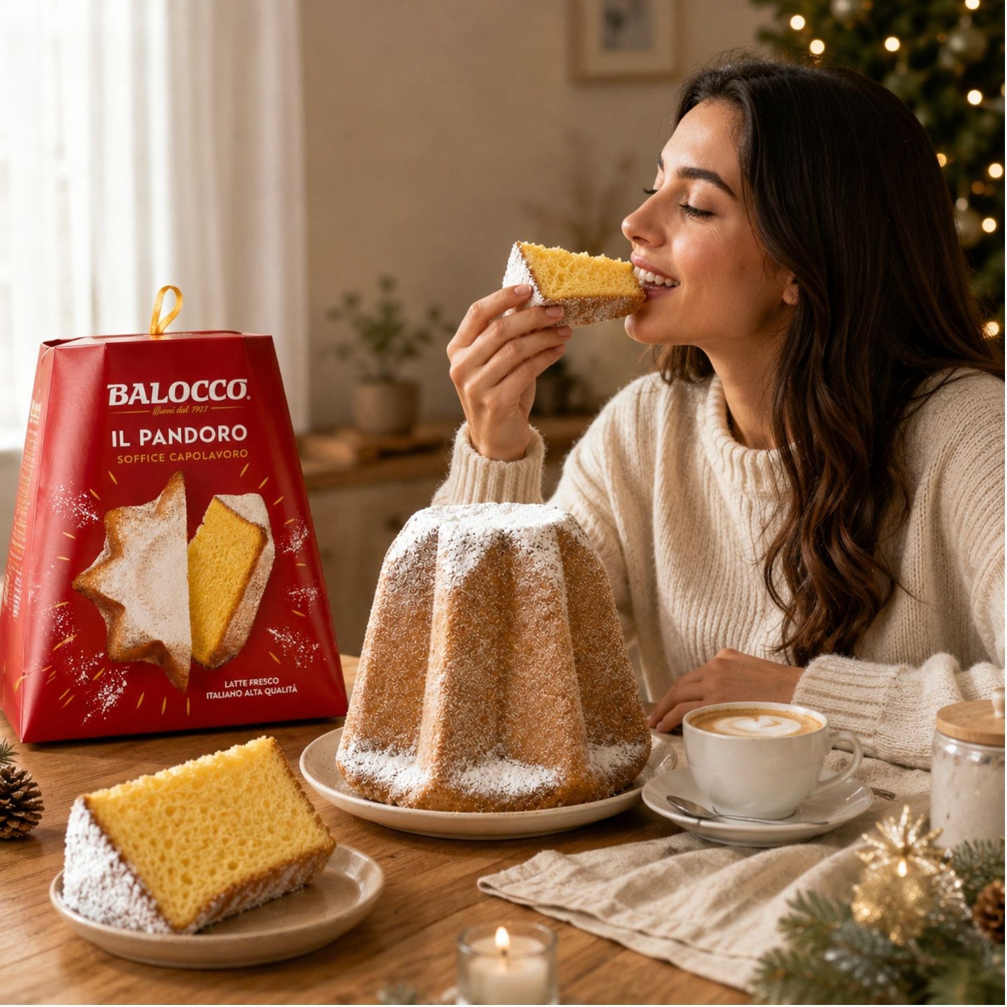 A woman in a cozy indoor setting eats a slice of Balocco Il Pandoro cake, with the red branded product box, a whole cake dusted in powdered sugar, and a cup of coffee on the table.