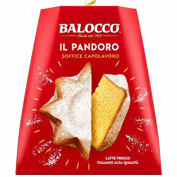 A red Balocco Il Pandoro cookie package on a white background, showing two star-shaped cookies with powdered sugar and golden yellow filling.