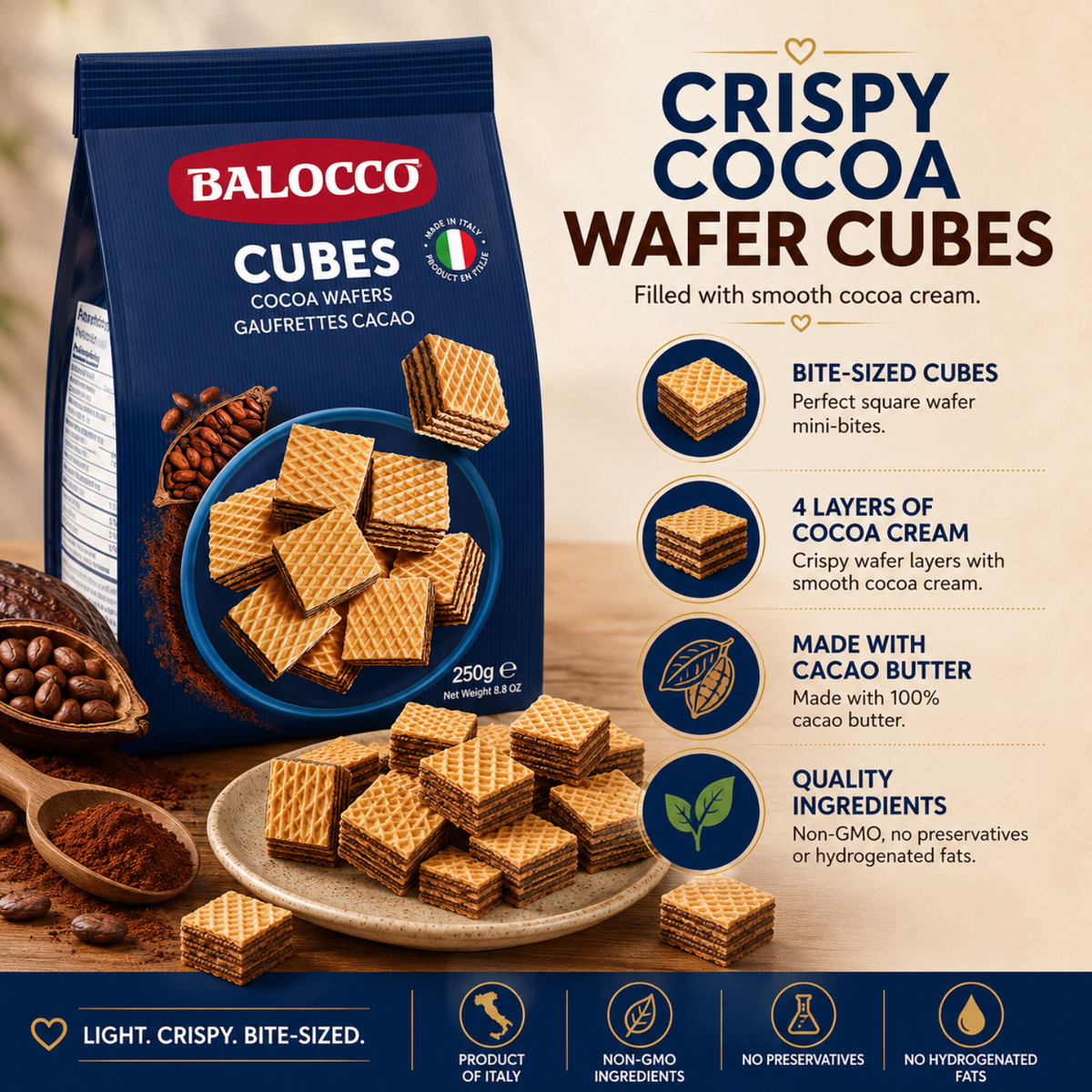 Balocco Cocoa Wafer Cubes 8.8 oz (250g) – Case of 12