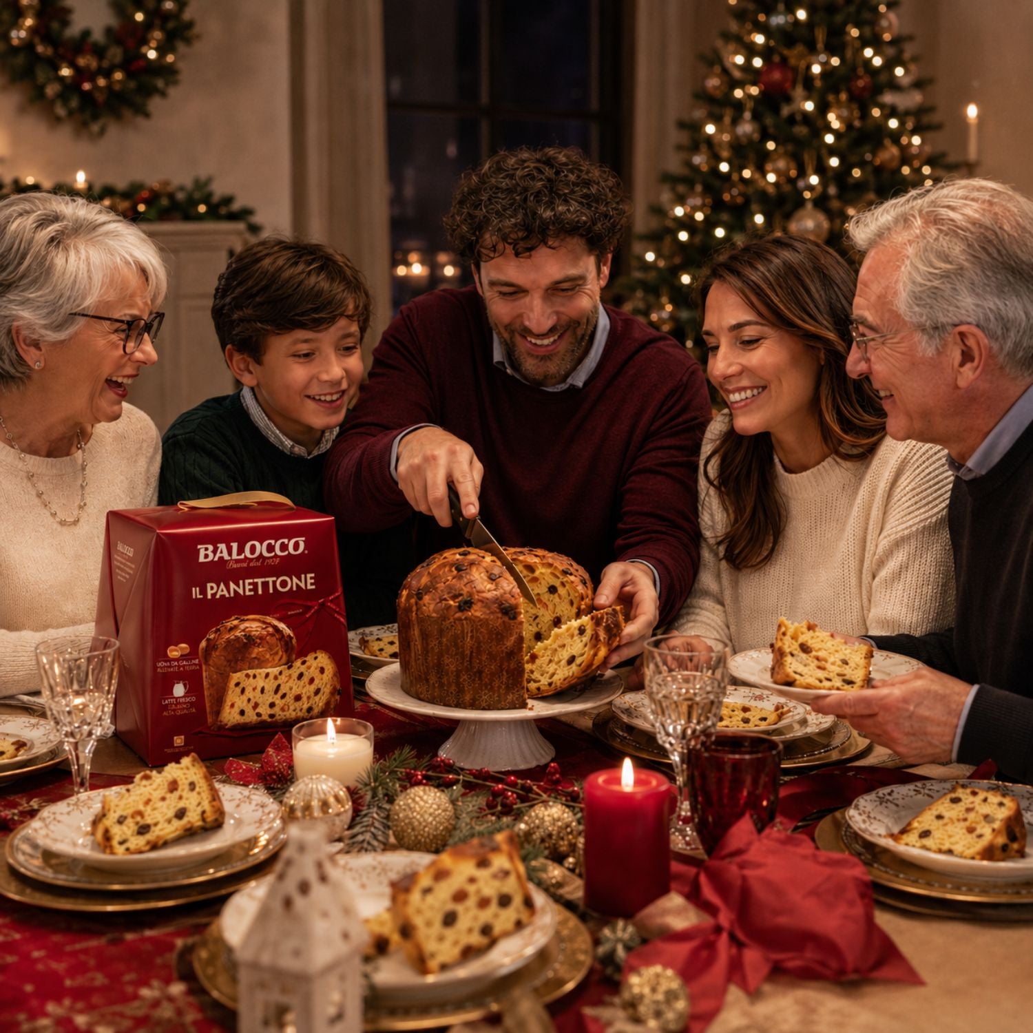 A family shares a Christmas panettone at a decorated dining table, with a red Balocco box of panettone visible on the left. The scene is warmly lit by candles and a lit Christmas tree in the background.