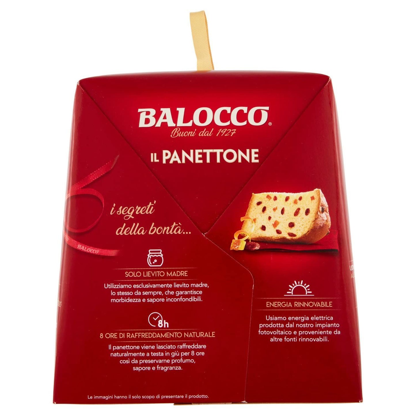 A red Balocco 'Il Panettone' product box with a wooden stick protruding from the top, shown on a plain white background. The packaging features Italian text and a photo of a sliced Christmas pie.