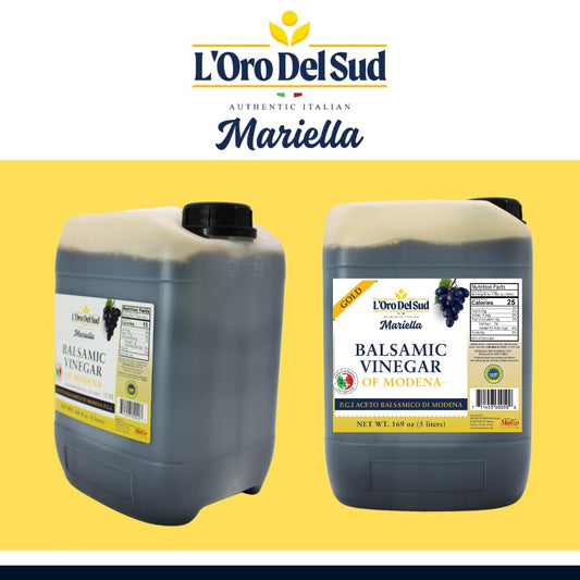 L’Oro Del Sud Mariella Gold Balsamic Vinegar of Modena, P.G.I. certified, aged 8 years, in a 5-liter container with gold award seal and nutrition facts label