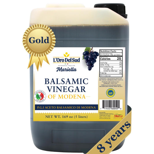 L’Oro Del Sud Mariella Gold Balsamic Vinegar of Modena, P.G.I. certified, aged 8 years, in a 5-liter container with gold award seal and nutrition facts label