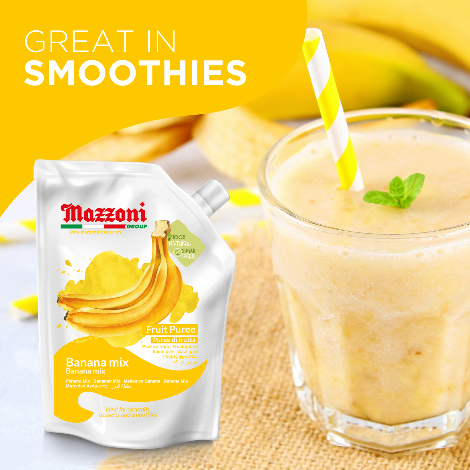 Mazzoni, Banana Mix Puree, 100% Pure Banana Mix, Just Fruit, No Sugar Added, 2.2 lb