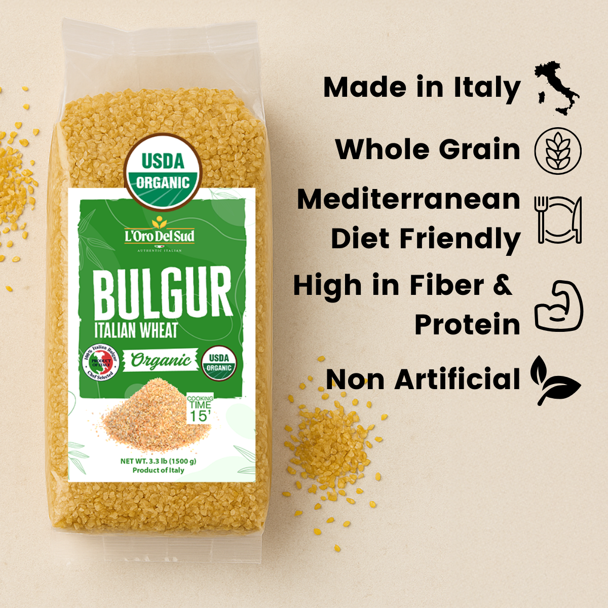 L'Oro Del Sud - Organic Bulgur Wheat USDA Certified, 3.3 lb (1.5 kg)