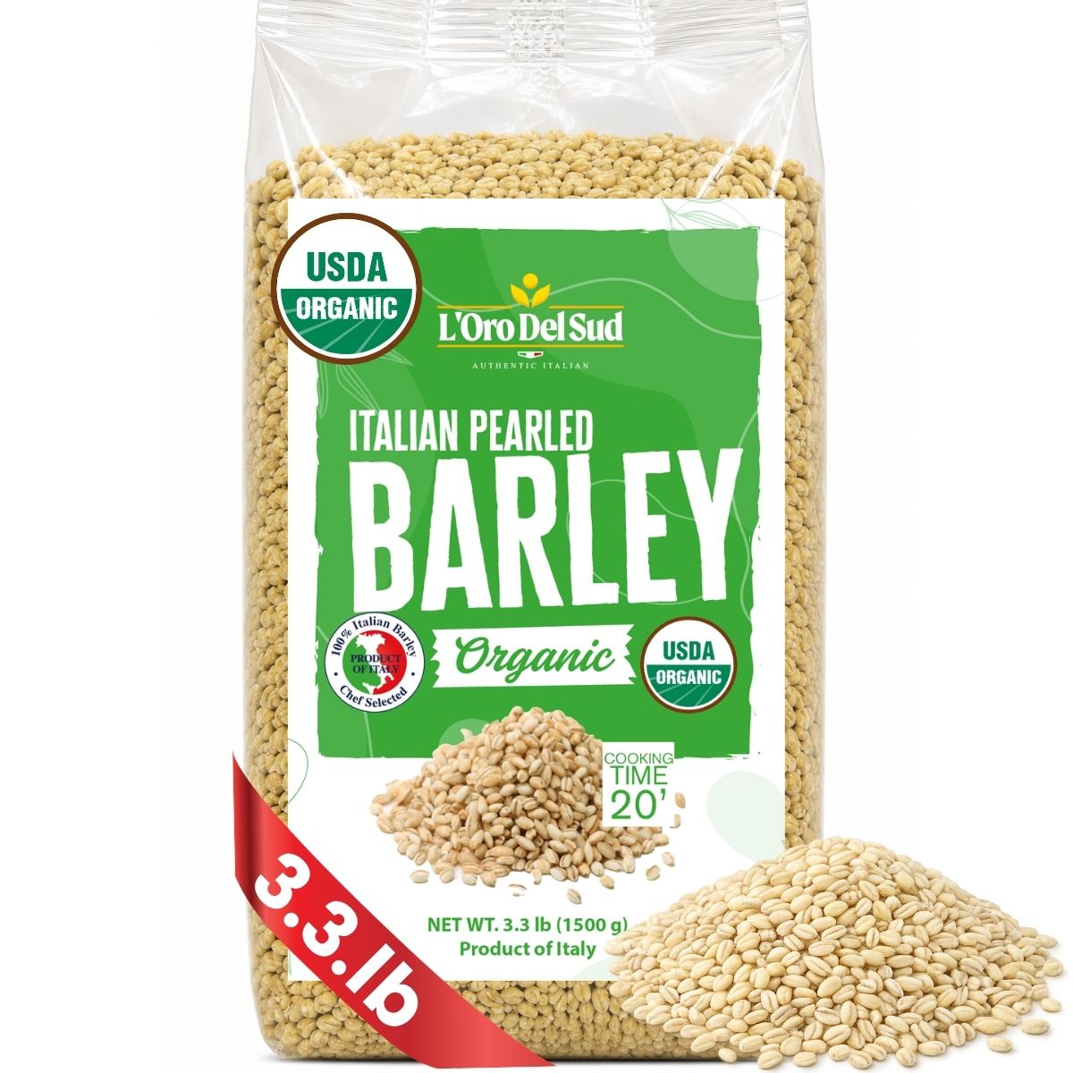 L’Oro del Sud Organic Italian Pearled Barley, 3.3 lb bag – USDA certified organic, authentic Italian wheat product.