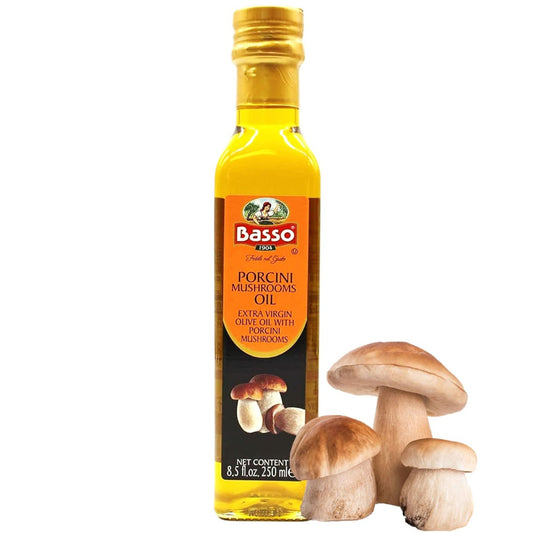 Basso 1904 porcini mushroom infused extra virgin olive oil 8.5 fl oz 250 ml bottle with porcini mushrooms on a white background
