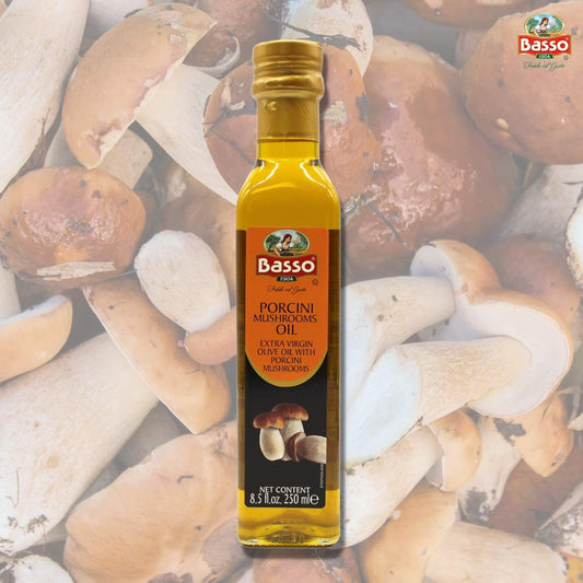 Basso 1904 porcini mushroom infused extra virgin olive oil 8.5 fl oz 250 ml bottle with porcini mushrooms background