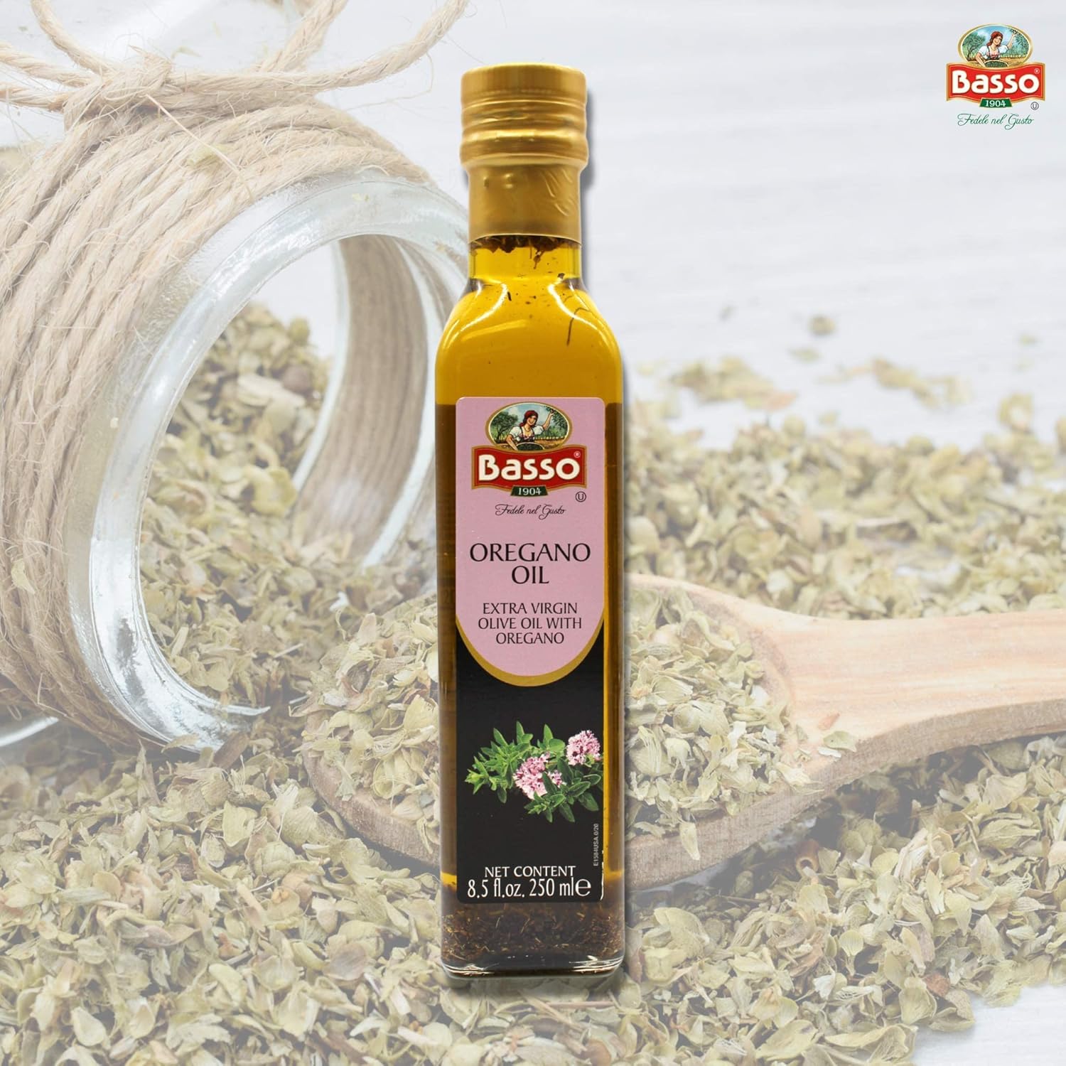 Basso 1904 rosemary infused extra virgin olive oil 8.5 fl oz 250 ml bottle with fresh rosemary herb on a white background