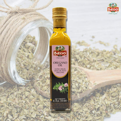 Basso 1904 rosemary infused extra virgin olive oil 8.5 fl oz 250 ml bottle with fresh rosemary herb on a white background
