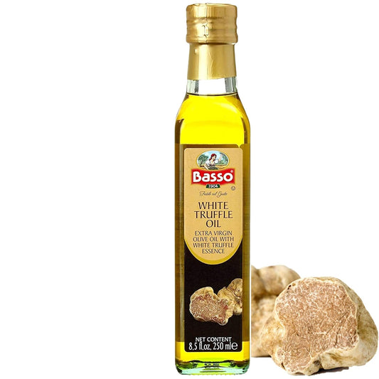 Basso White Truffle Extra Virgin Olive Oil infused with white truffle essence in a 250ml (8.5 fl oz) glass bottle, gourmet Italian seasoning oil for pasta, salads, vegetables, and fine dining.