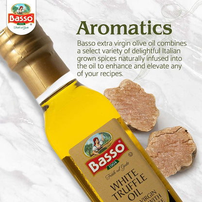 Bottle of Basso White Truffle Extra Virgin Olive Oil with white truffles on marble background, highlighting its aromatic Italian infusion for enhancing recipes.