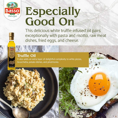 Promotional image of Basso White Truffle Extra Virgin Olive Oil bottle alongside dishes of creamy mushroom risotto and toast with fried egg, highlighting its pairing with pasta, risotto, meat, cheese, potatoes, and pizzas.