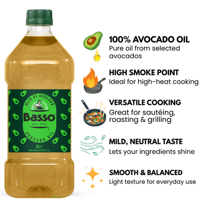 Bottle of Basso avocado oil with features listed on a white background