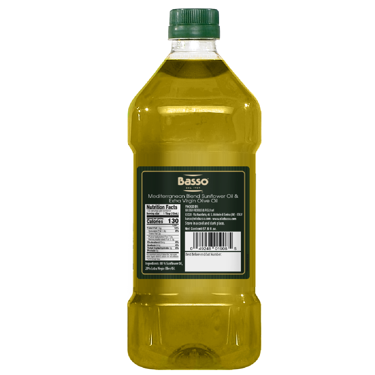 Basso 1904 Italian Sunflower Oil (80%) & Extra Virgin Olive Oil (20%) Blend – Versatile Cooking Oil – 67.6 fl oz (2 L)
