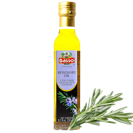 Basso 1904 rosemary infused extra virgin olive oil 8.5 fl oz 250 ml glass bottle with fresh rosemary sprig, premium Italian cooking and seasoning oil