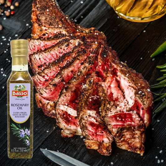 Basso 1904 rosemary infused extra virgin olive oil 8.5 fl oz 250 ml glass bottle with fresh rosemary sprig, premium Italian cooking and seasoning oil
