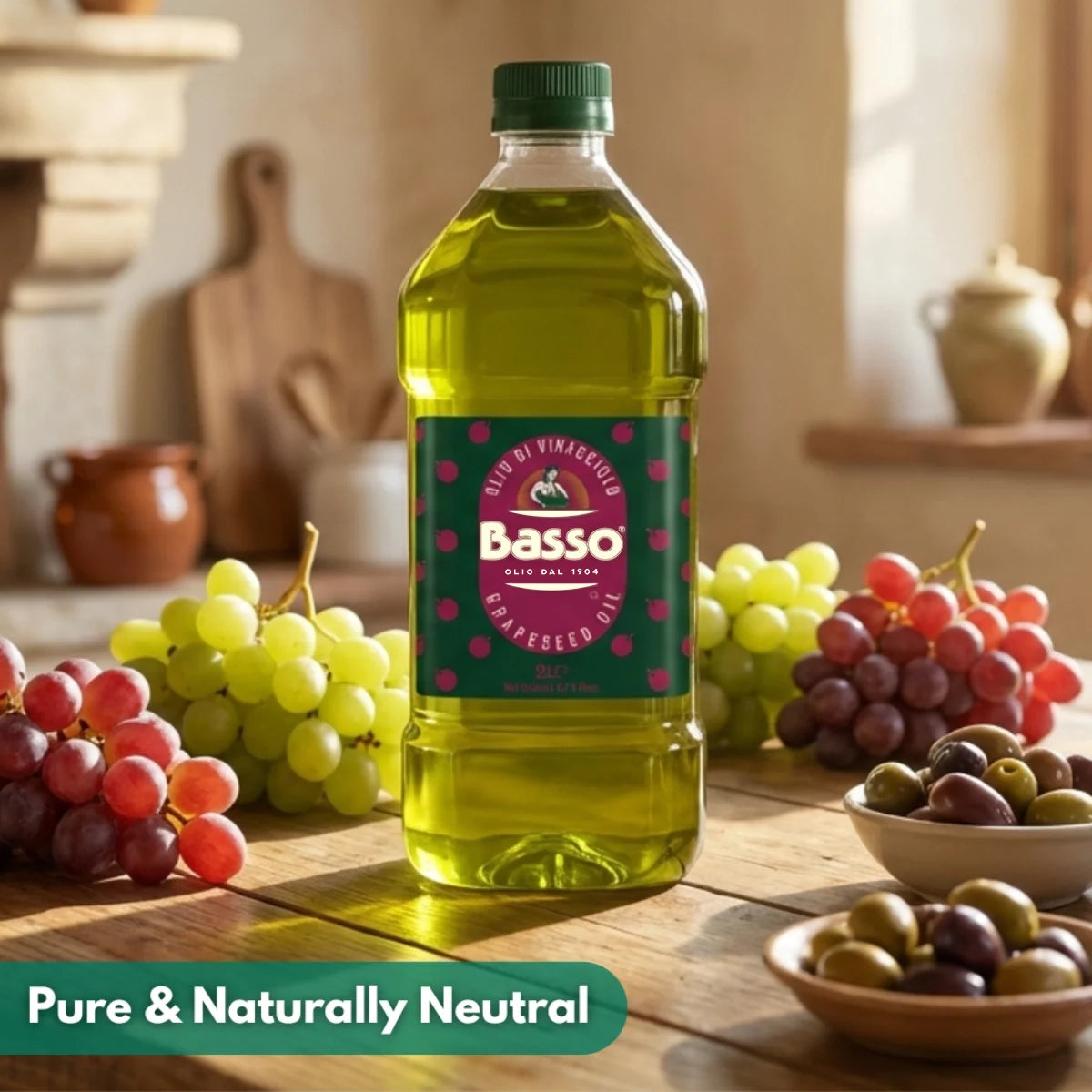 Basso 1904 Italian Grapeseed Oil – Light Neutral Cooking Oil – 67.6 fl oz (2 L)