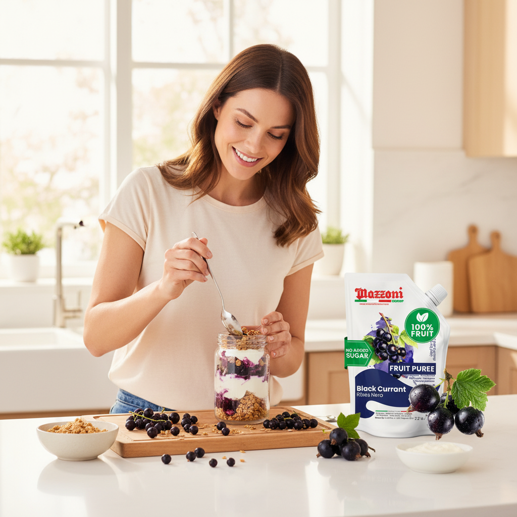 Woman preparing black currant yogurt parfait with Mazzoni Black Currant fruit puree