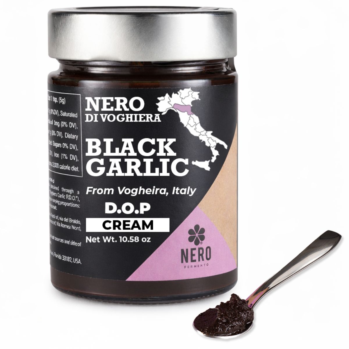 Jar of Nero Di Voghera Black Garlic Cream with a spoonful of garlic cream on a white background