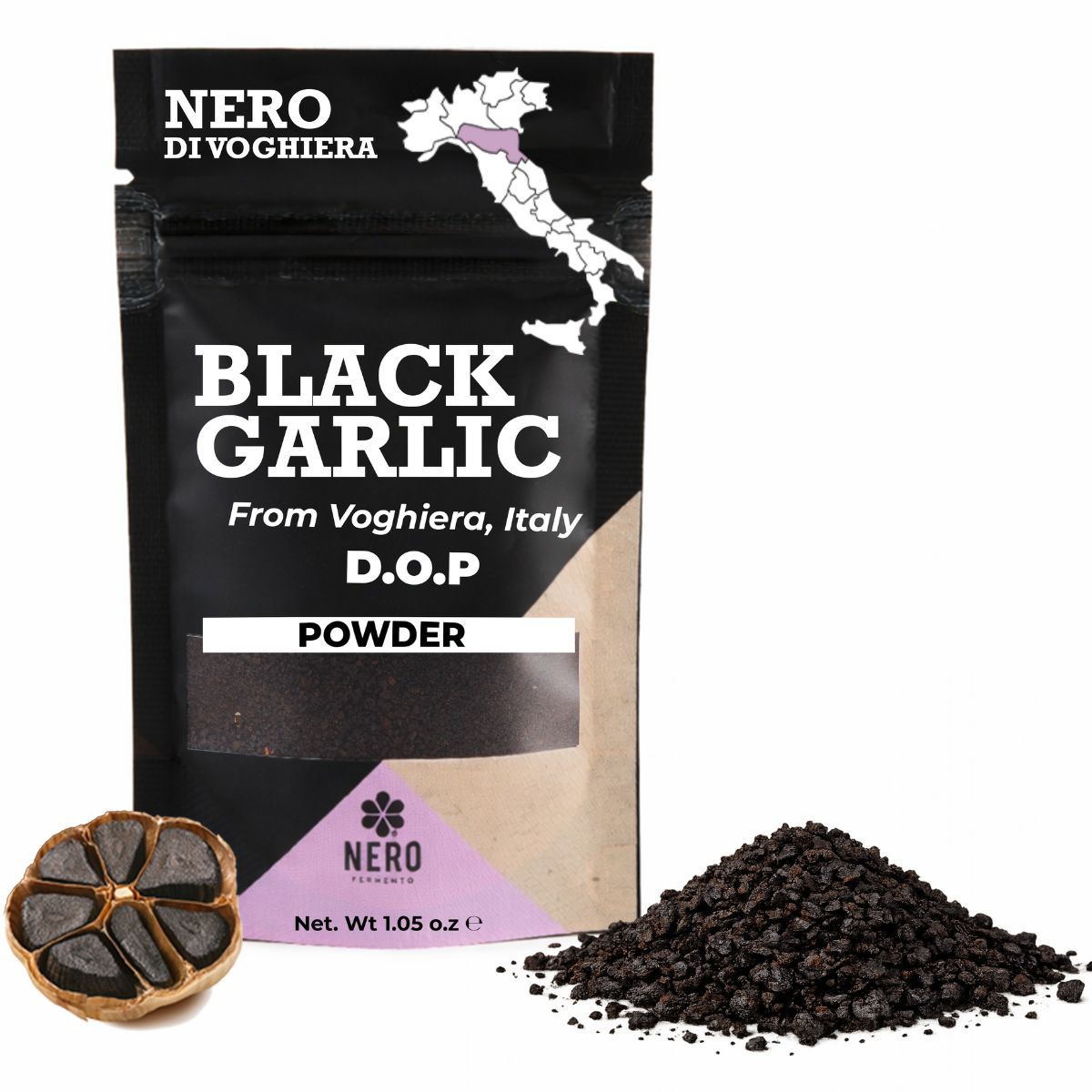 Black garlic powder package with black garlic bulbs and powder on a white background