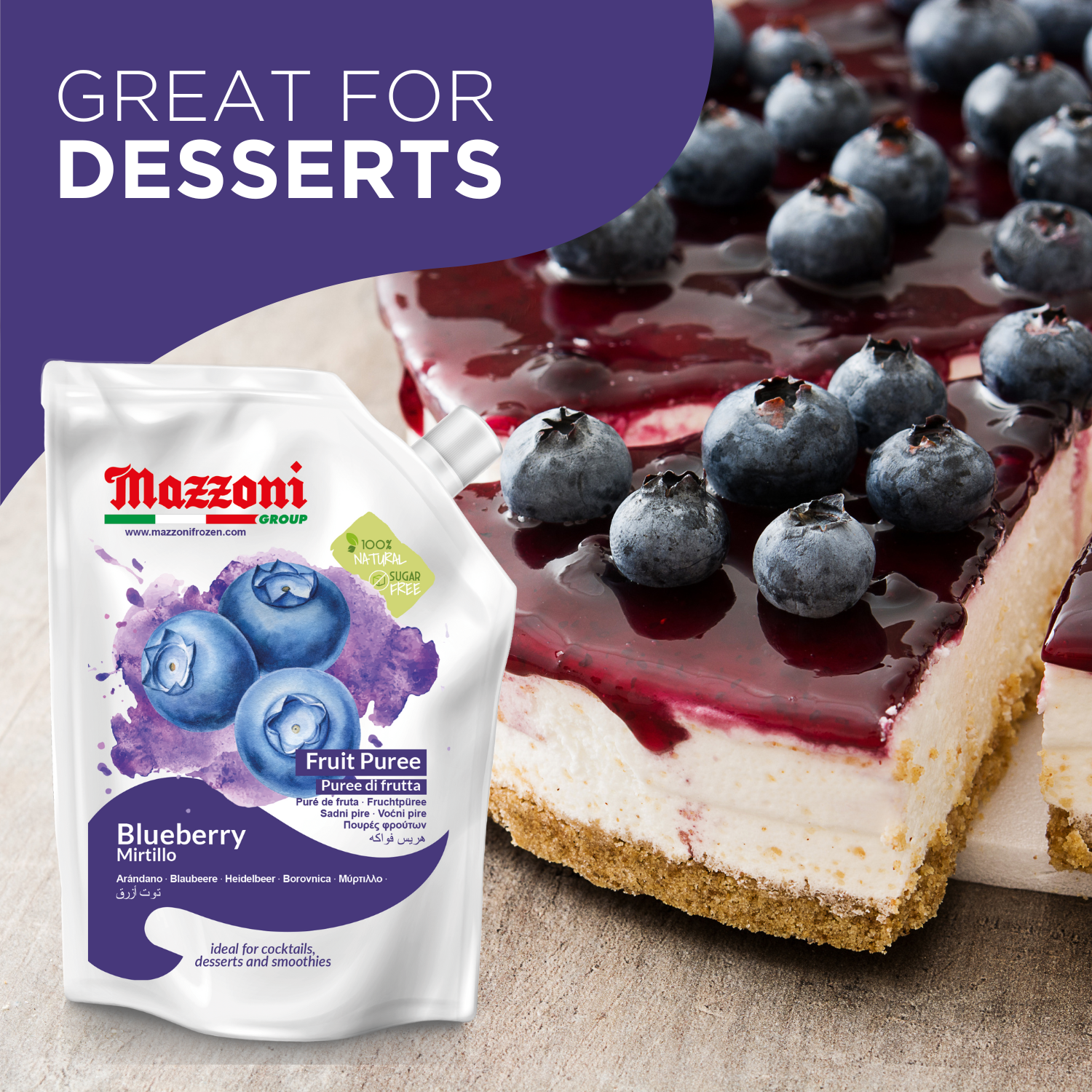 Mazzoni, Blueberry Puree, 100% Pure Blueberries, Just Fruit, No Sugar Added 2.2 lb pouch