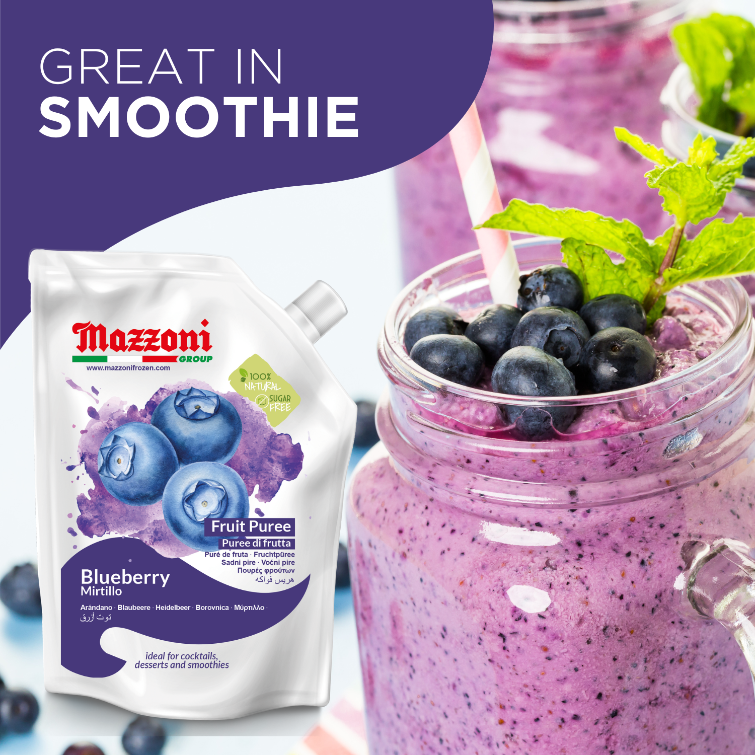 Mazzoni, Blueberry Puree, 100% Pure Blueberries, Just Fruit, No Sugar Added 2.2 lb pouch