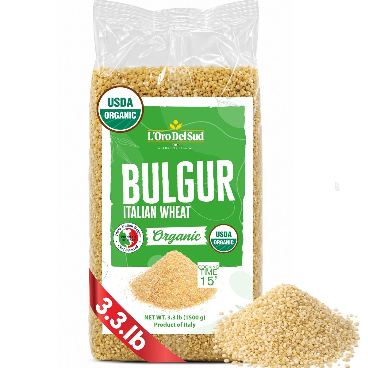 L’Oro Del Sud Organic Bulgur Italian Wheat, 3.3 lb (1500 g) bag. Clear packaging with green label, USDA Organic certification, and product displayed in front with a small pile of bulgur grains.