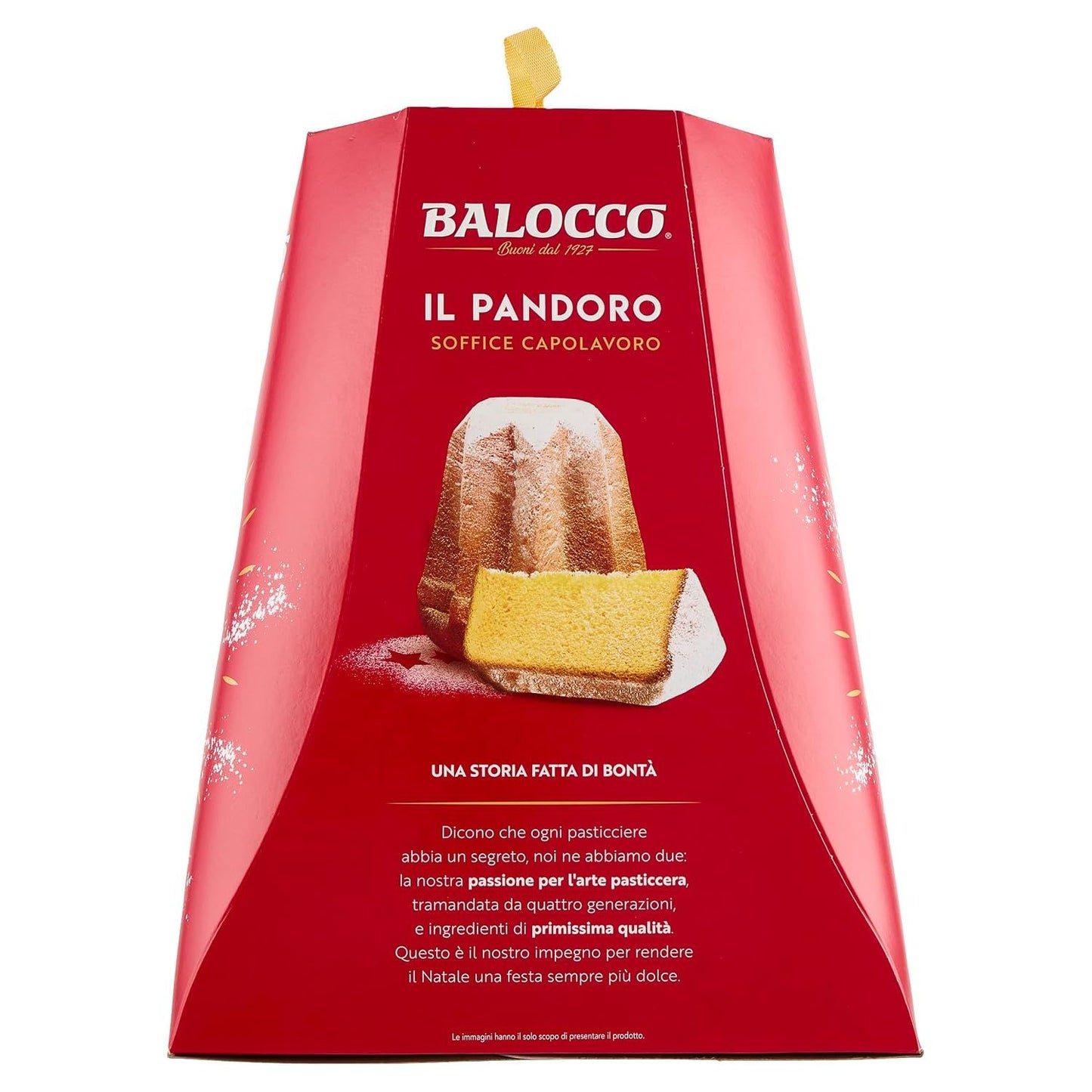 Balocco Il Pandoro Soffice Capolavoro in a large red triangular cardboard box with a yellow ribbon loop at the top, featuring a photo of the cake on the front and Italian text.