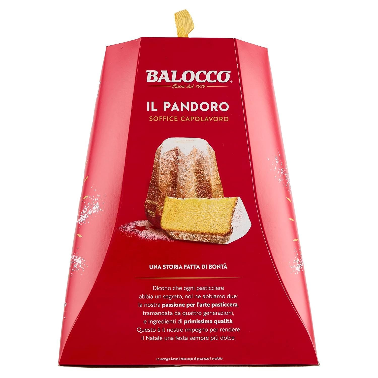 Balocco Il Pandoro Soffice Capolavoro in a large red triangular cardboard box with a yellow ribbon loop at the top, featuring a photo of the cake on the front and Italian text.
