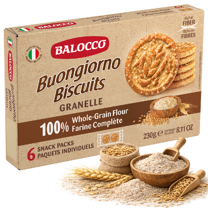  Balocco Buongiorno Biscuits. Made with whole grain flour and brown sugar, these classic Italian breakfast biscuits are crafted for a satisfying, nourishing start to your day — just as Italians have enjoyed them for generations.