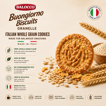  Balocco Buongiorno Biscuits. Made with whole grain flour and brown sugar, these classic Italian breakfast biscuits are crafted for a satisfying, nourishing start to your day — just as Italians have enjoyed them for generations.