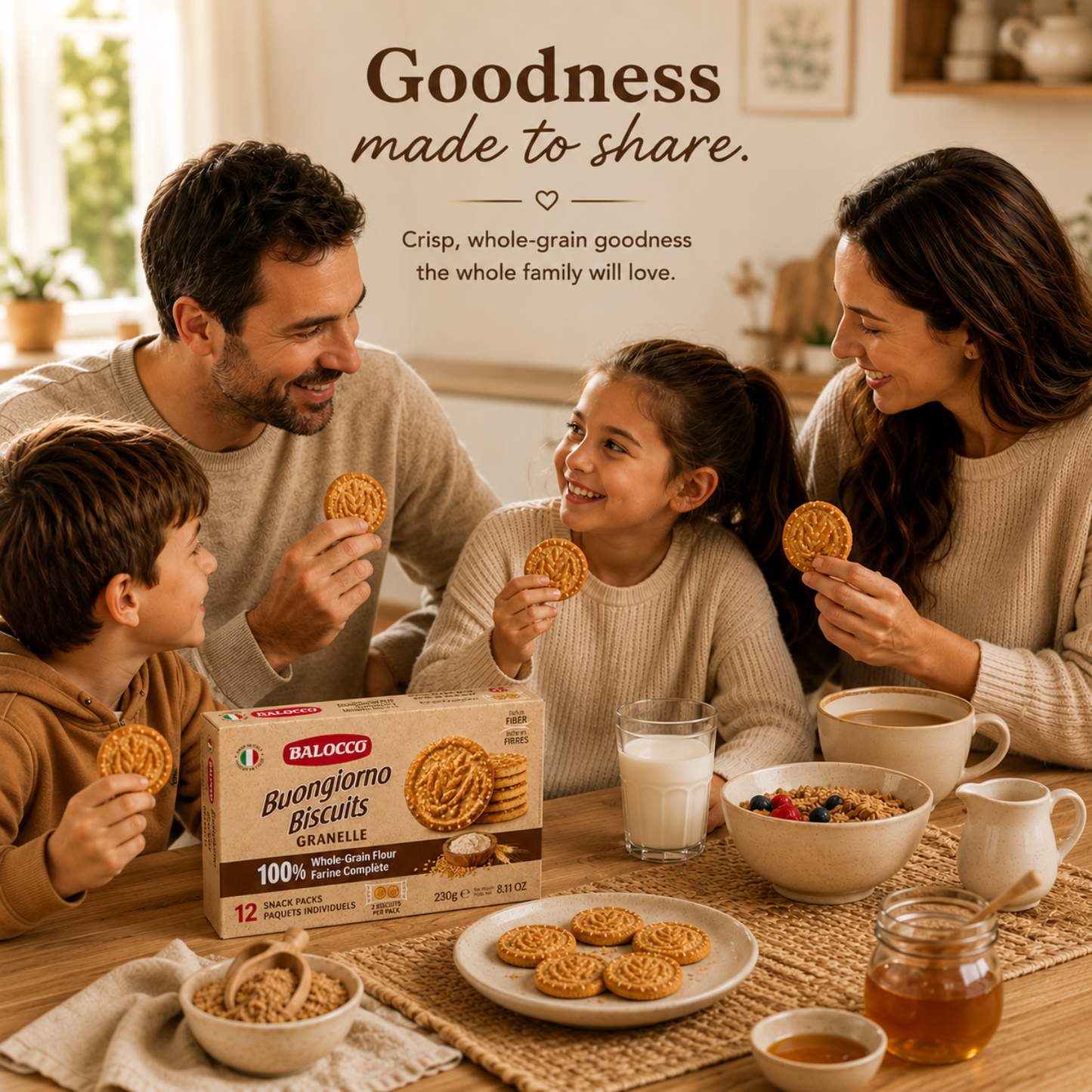  Balocco Buongiorno Biscuits. Made with whole grain flour and brown sugar, these classic Italian breakfast biscuits are crafted for a satisfying, nourishing start to your day — just as Italians have enjoyed them for generations.