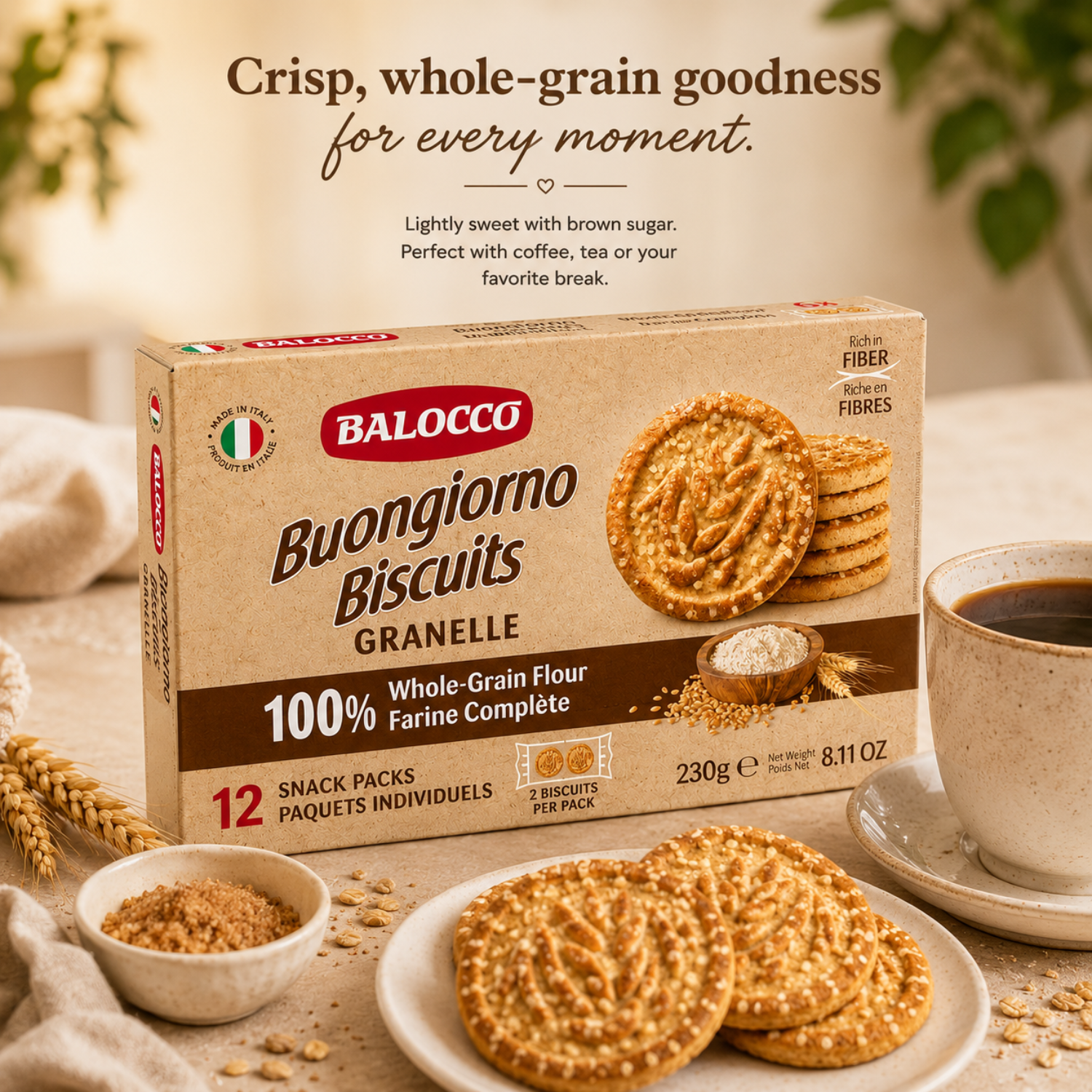  Balocco Buongiorno Biscuits. Made with whole grain flour and brown sugar, these classic Italian breakfast biscuits are crafted for a satisfying, nourishing start to your day — just as Italians have enjoyed them for generations.