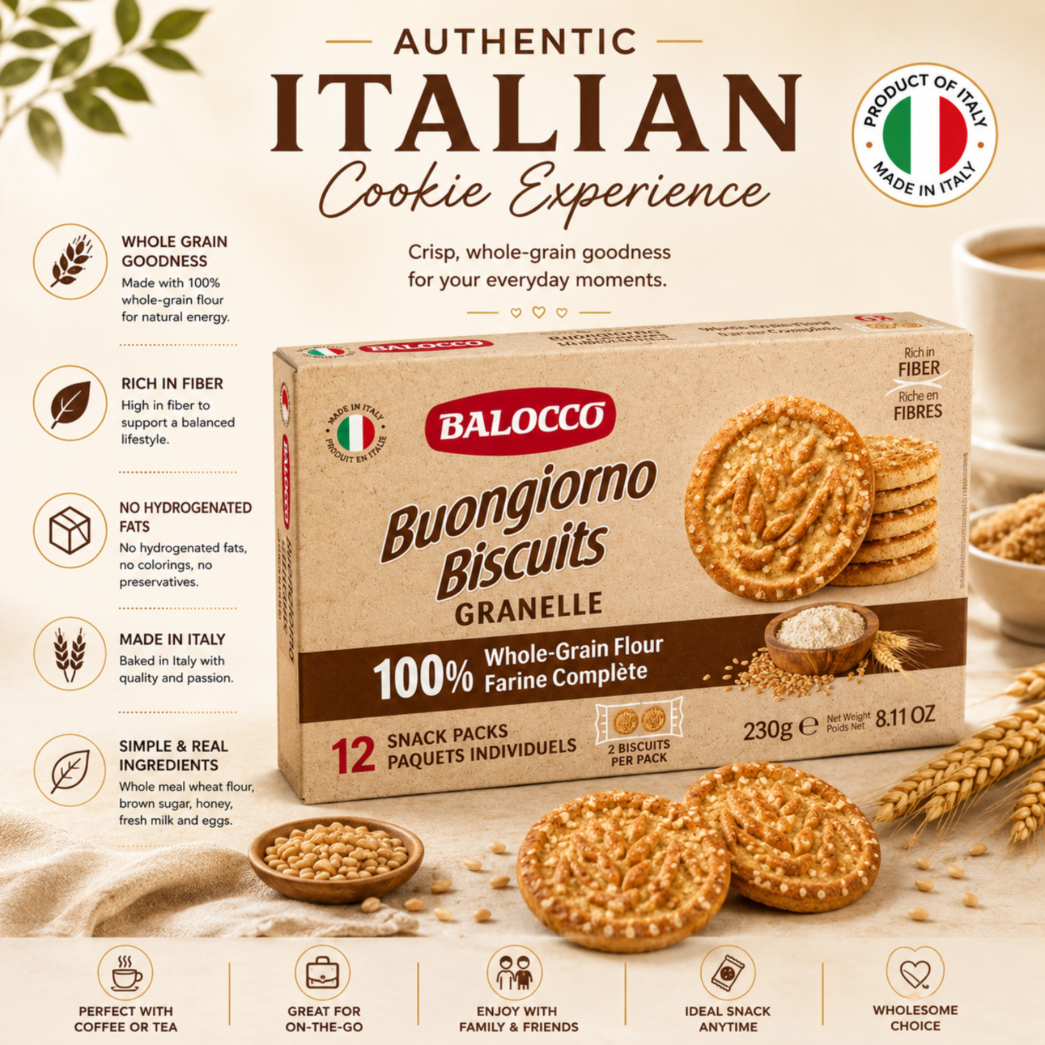  Balocco Buongiorno Biscuits. Made with whole grain flour and brown sugar, these classic Italian breakfast biscuits are crafted for a satisfying, nourishing start to your day — just as Italians have enjoyed them for generations.