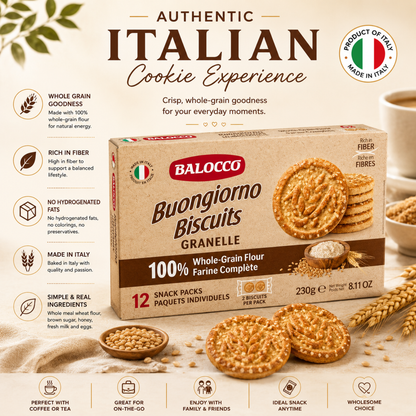  Balocco Buongiorno Biscuits. Made with whole grain flour and brown sugar, these classic Italian breakfast biscuits are crafted for a satisfying, nourishing start to your day — just as Italians have enjoyed them for generations.