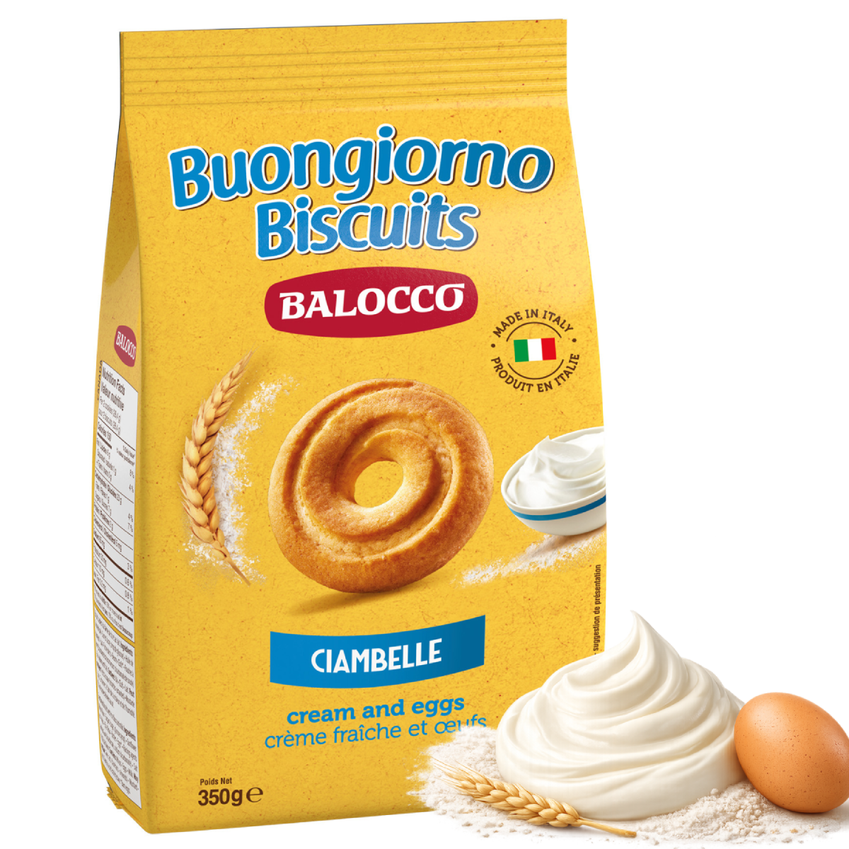 Balocco Ciambelle — classic Italian ring-shaped cookies with a light, crispy texture and a delicate, subtly sweet flavor. A beloved staple of Italian breakfast and snack culture, crafted by Balocco since 1927.