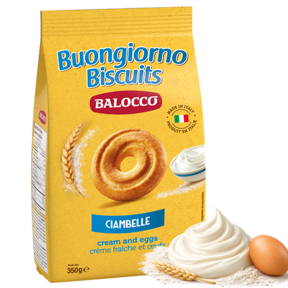 Balocco Ciambelle — classic Italian ring-shaped cookies with a light, crispy texture and a delicate, subtly sweet flavor. A beloved staple of Italian breakfast and snack culture, crafted by Balocco since 1927.