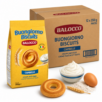 Balocco Ciambelle — classic Italian ring-shaped cookies with a light, crispy texture and a delicate, subtly sweet flavor. A beloved staple of Italian breakfast and snack culture, crafted by Balocco since 1927.