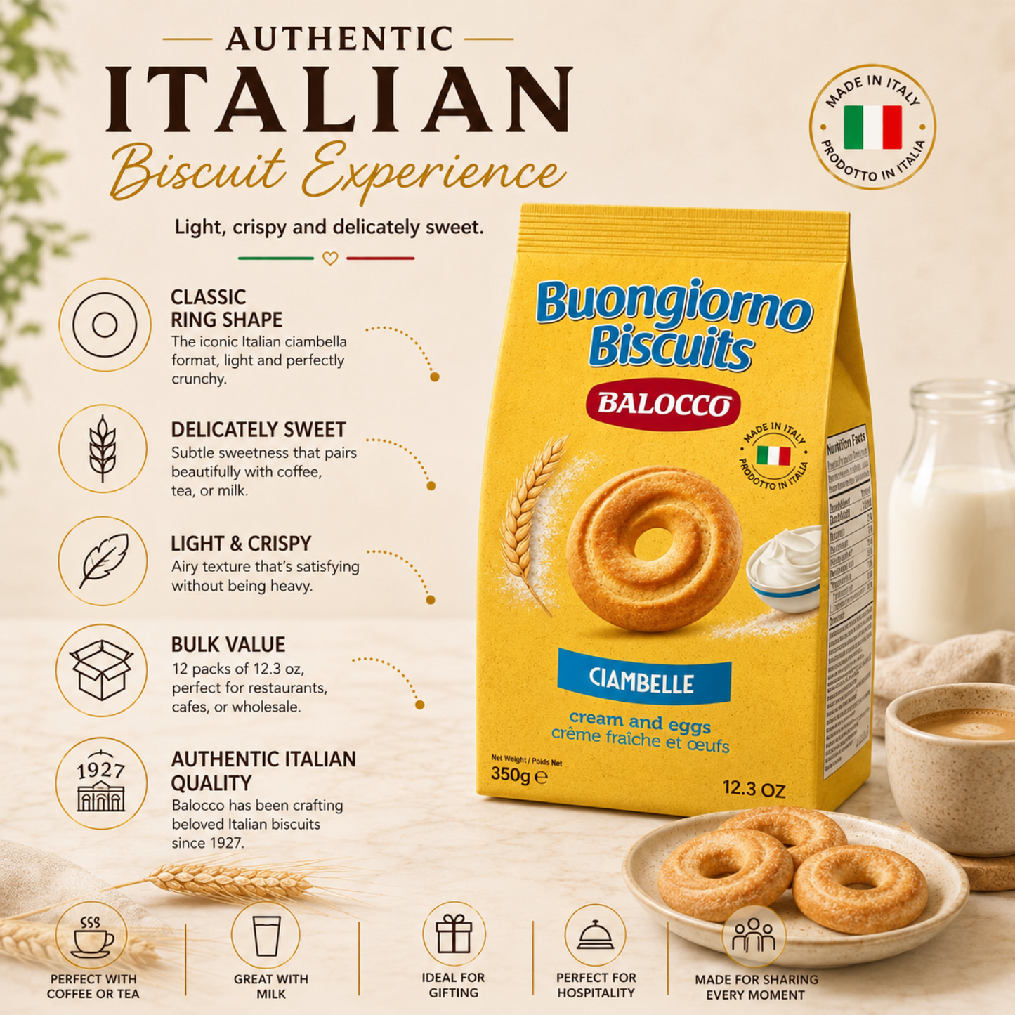 Balocco Ciambelle — classic Italian ring-shaped cookies with a light, crispy texture and a delicate, subtly sweet flavor. A beloved staple of Italian breakfast and snack culture, crafted by Balocco since 1927.