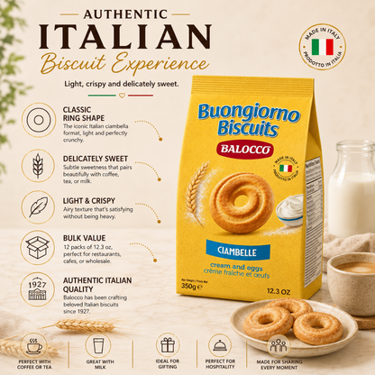 Balocco Ciambelle — classic Italian ring-shaped cookies with a light, crispy texture and a delicate, subtly sweet flavor. A beloved staple of Italian breakfast and snack culture, crafted by Balocco since 1927.