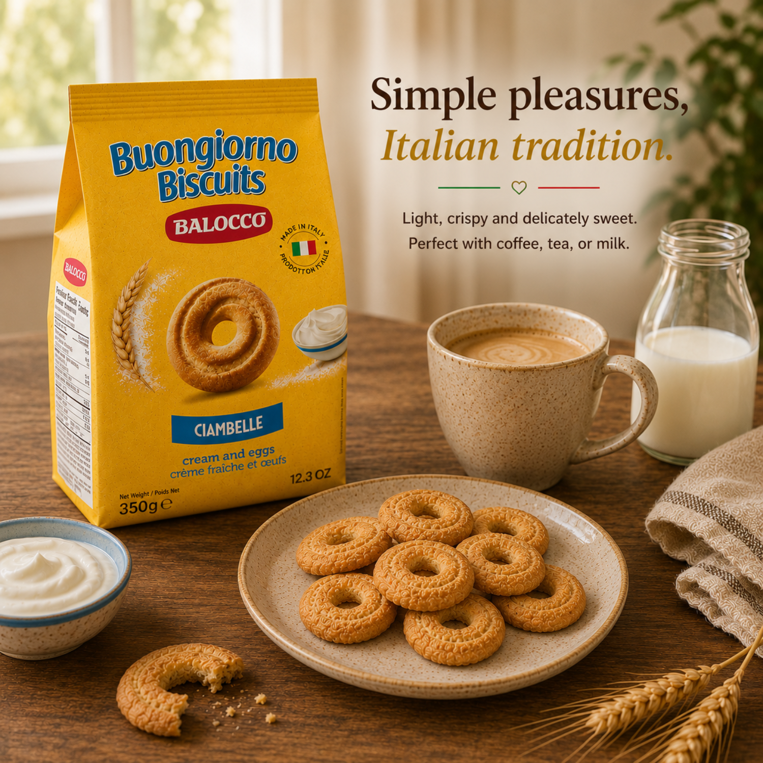 Balocco Ciambelle — classic Italian ring-shaped cookies with a light, crispy texture and a delicate, subtly sweet flavor. A beloved staple of Italian breakfast and snack culture, crafted by Balocco since 1927.