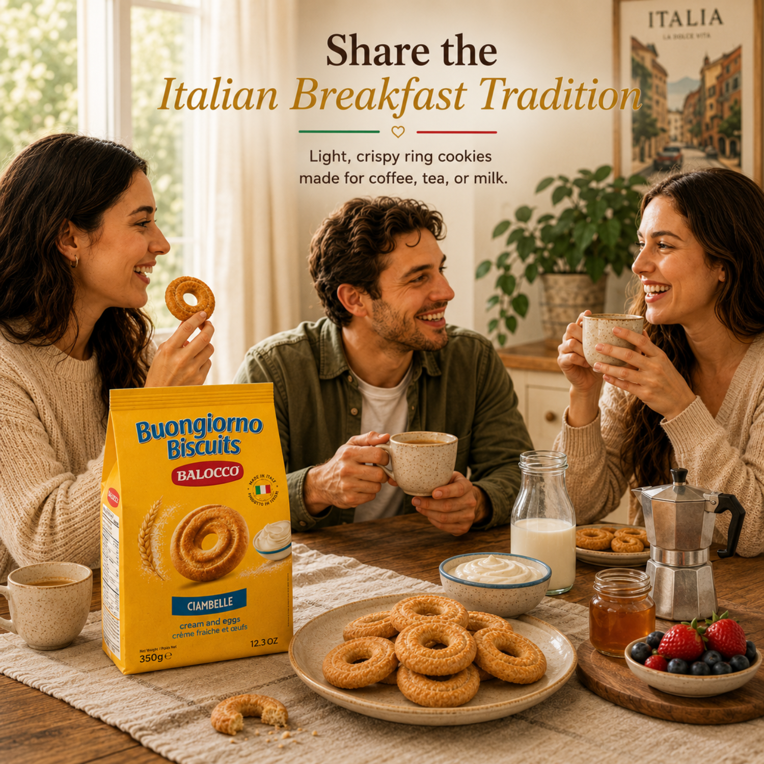 Balocco Ciambelle — classic Italian ring-shaped cookies with a light, crispy texture and a delicate, subtly sweet flavor. A beloved staple of Italian breakfast and snack culture, crafted by Balocco since 1927.