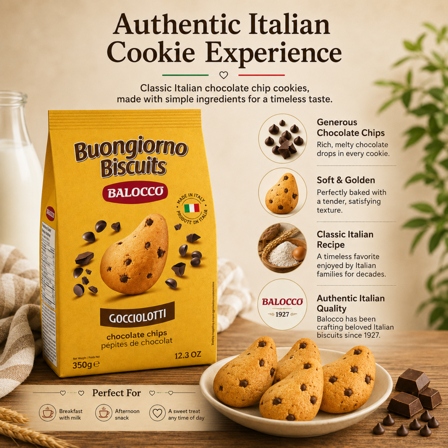  Balocco Gocciolotti — the beloved Italian chocolate chip cookie that has been a staple in Italian homes for generations. Soft, golden, and generously studded with rich chocolate chips, these classic biscuits deliver the perfect balance of buttery dough and indulgent chocolate. 
