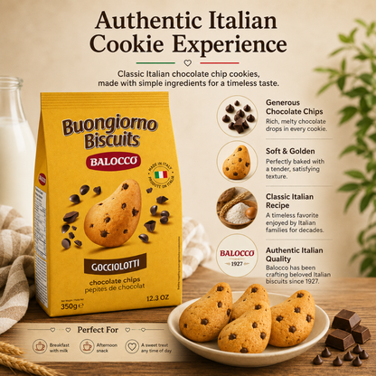  Balocco Gocciolotti — the beloved Italian chocolate chip cookie that has been a staple in Italian homes for generations. Soft, golden, and generously studded with rich chocolate chips, these classic biscuits deliver the perfect balance of buttery dough and indulgent chocolate. 