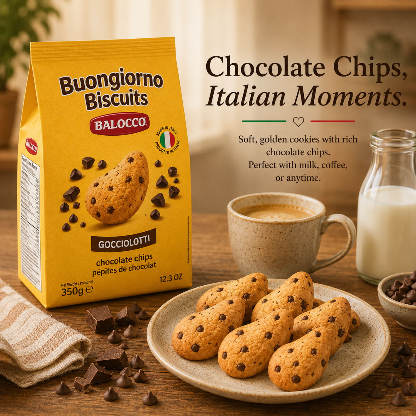 Balocco Gocciolotti — the beloved Italian chocolate chip cookie that has been a staple in Italian homes for generations. Soft, golden, and generously studded with rich chocolate chips, these classic biscuits deliver the perfect balance of buttery dough and indulgent chocolate. 