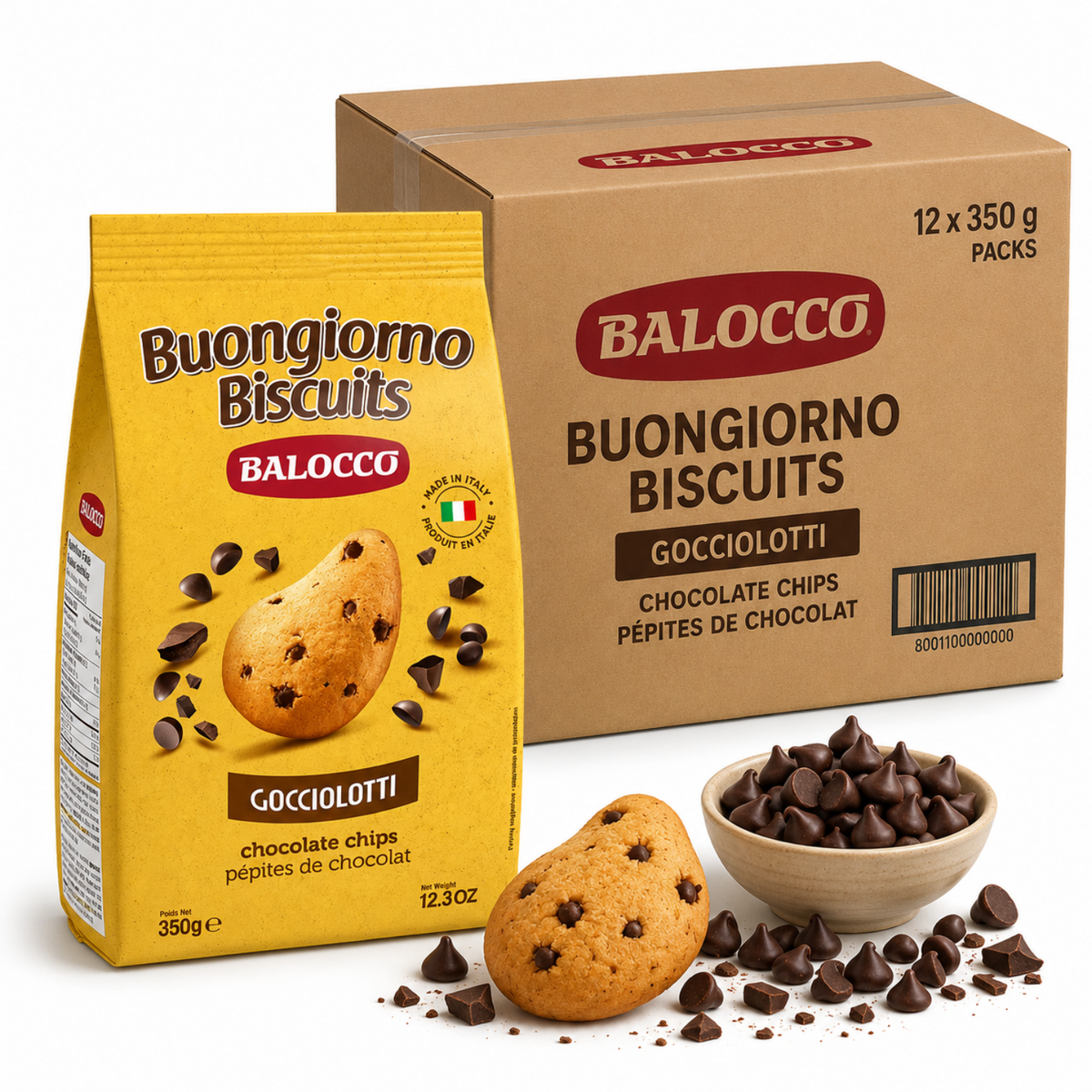  Balocco Gocciolotti — the beloved Italian chocolate chip cookie that has been a staple in Italian homes for generations. Soft, golden, and generously studded with rich chocolate chips, these classic biscuits deliver the perfect balance of buttery dough and indulgent chocolate. 