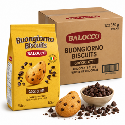 Balocco Gocciolotti — the beloved Italian chocolate chip cookie that has been a staple in Italian homes for generations. Soft, golden, and generously studded with rich chocolate chips, these classic biscuits deliver the perfect balance of buttery dough and indulgent chocolate. 
