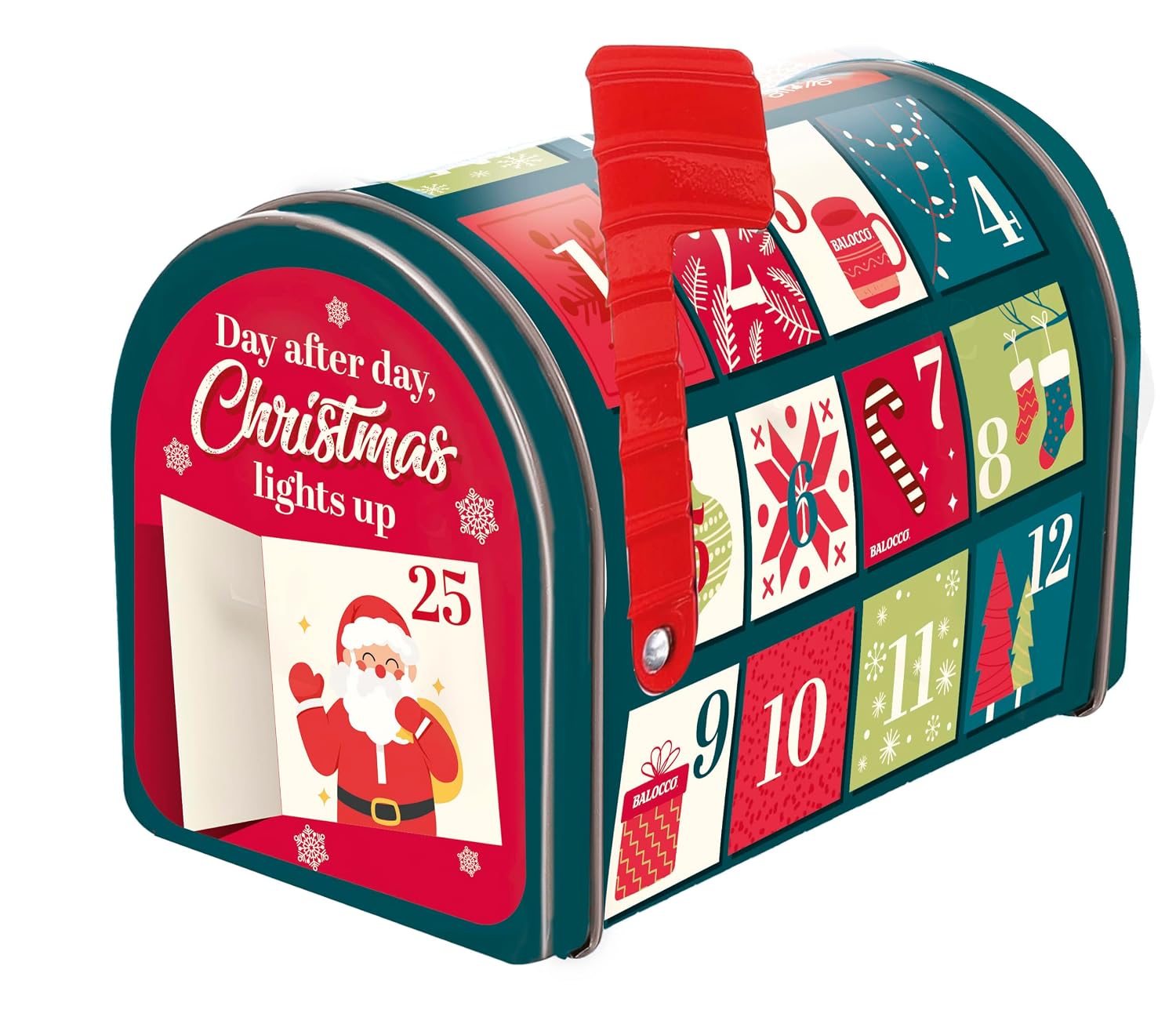 A decorative Christmas advent mailbox with a red handle and numbered door panels showing holiday illustrations, photographed on a plain white background.